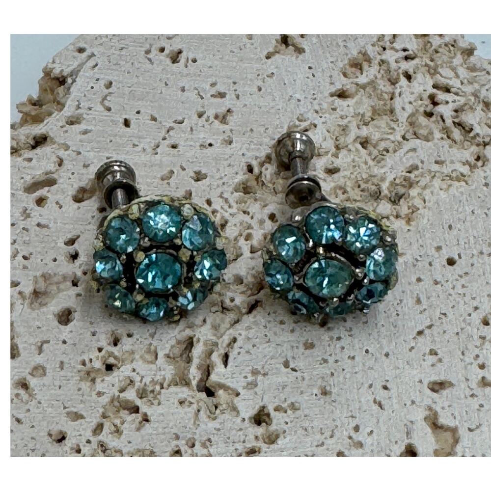 Blue Rhinestone Cluster Dangle Earrings Silver Tone Screw Back Vintage Style